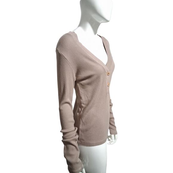 Monrow Quiet Luxury Women's size M Ribbed Grungecore Preppy Fitted Henley Top - Picture 2 of 11